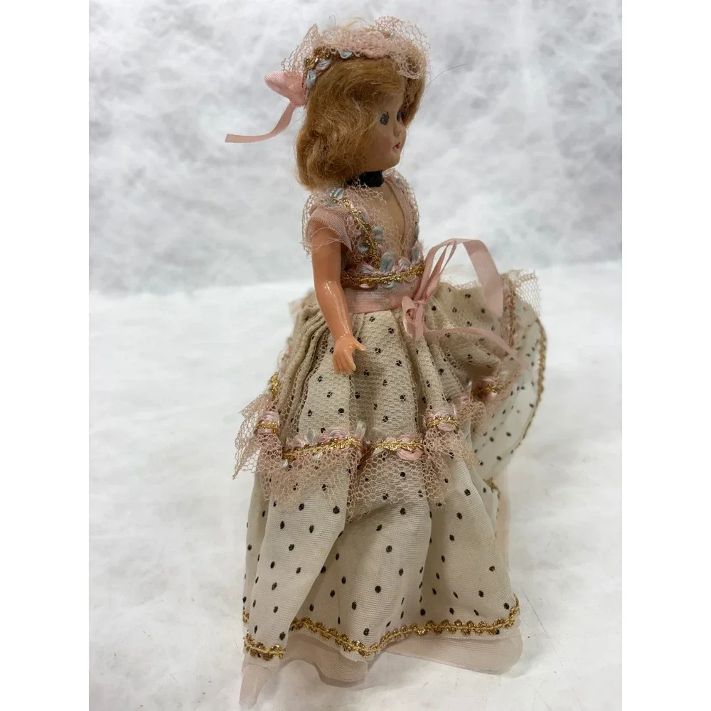 Vintage 7.5 Inch Plastic Doll Polka Dot Tulle Gown Pink Lace Trim Pink Satin